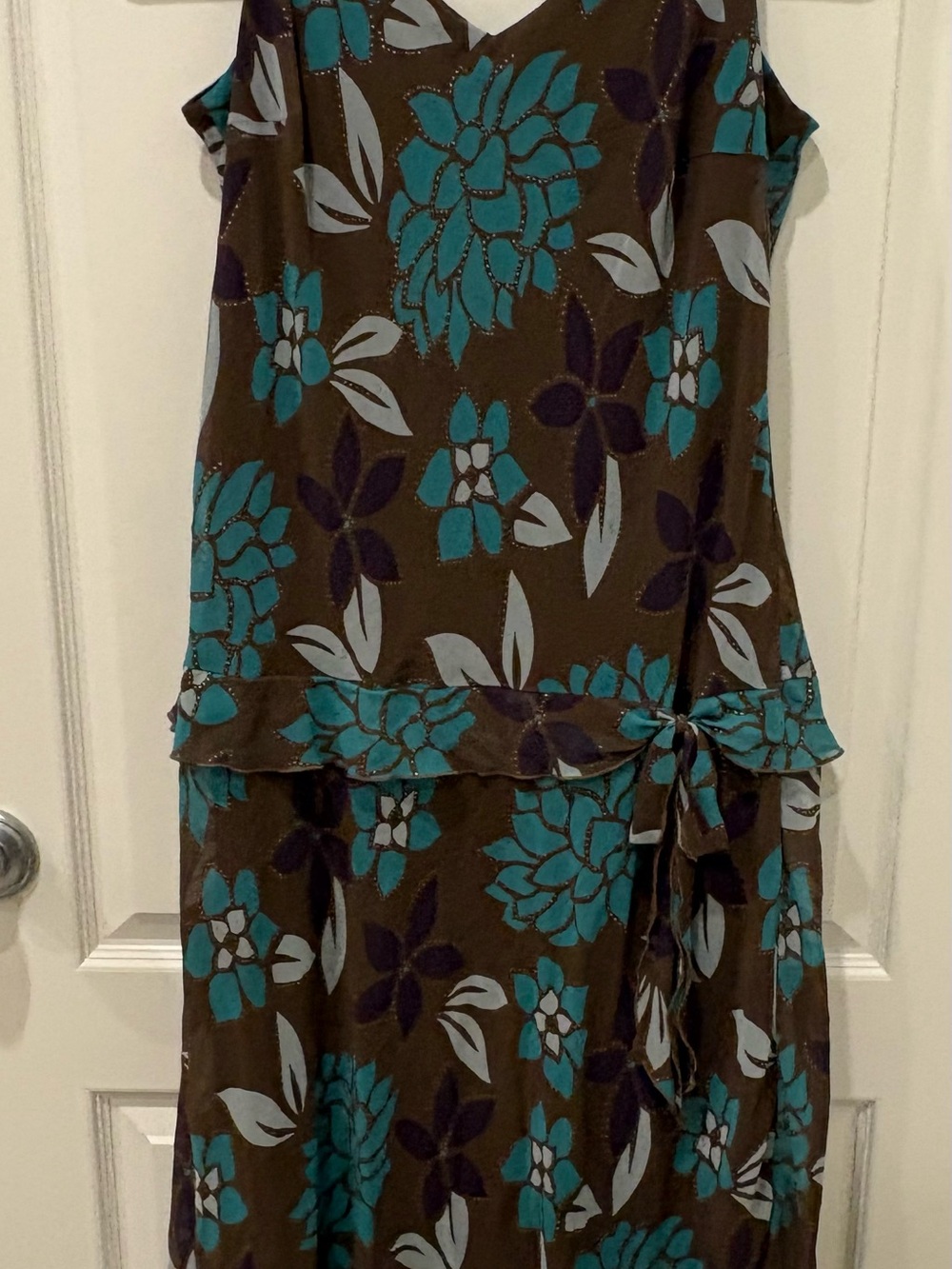 Vintage Believe Drop Waist Floral Midi Dress Brown Teal Size 16 EUC